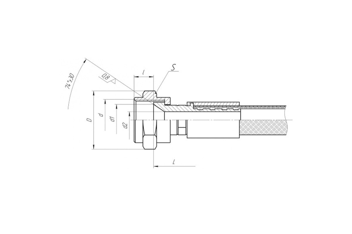 Dimensioned sectional drawing for 8Д0.447.009, 74° cone fittings