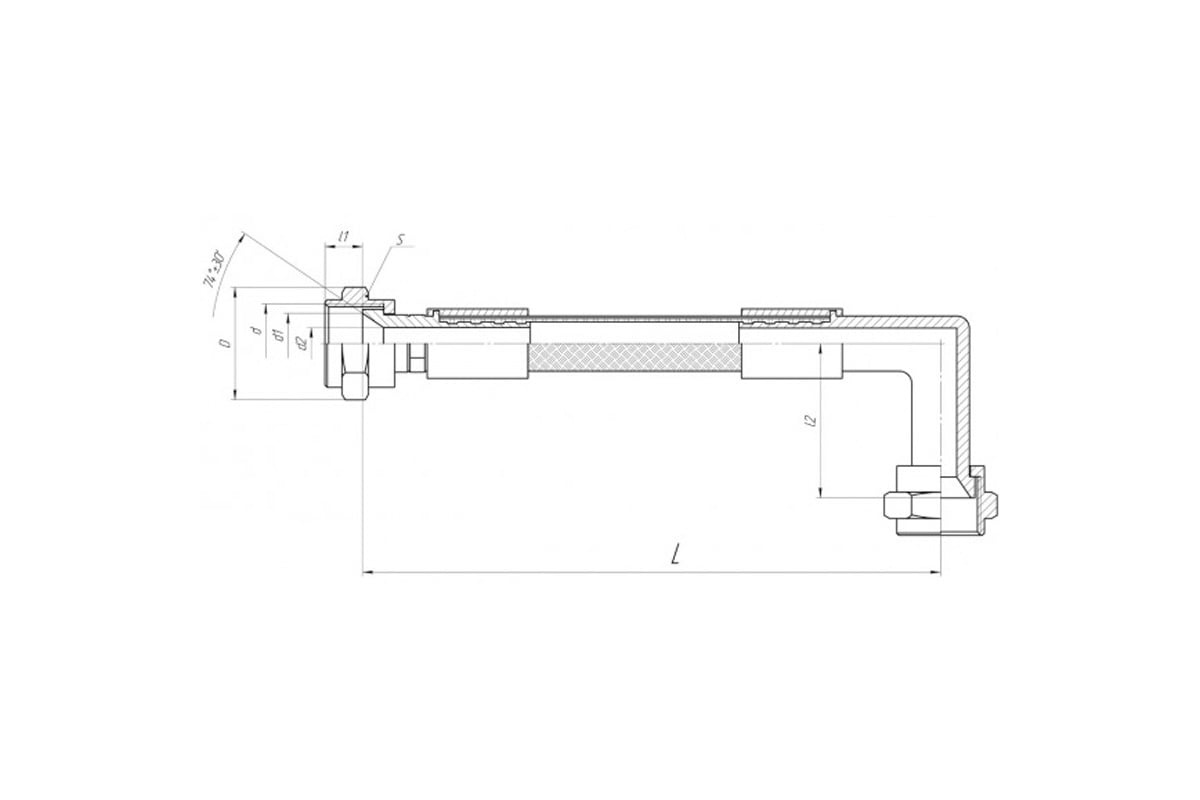 Dimensioned sectional drawing for 8Д0.447.033, 90° elbow fitting