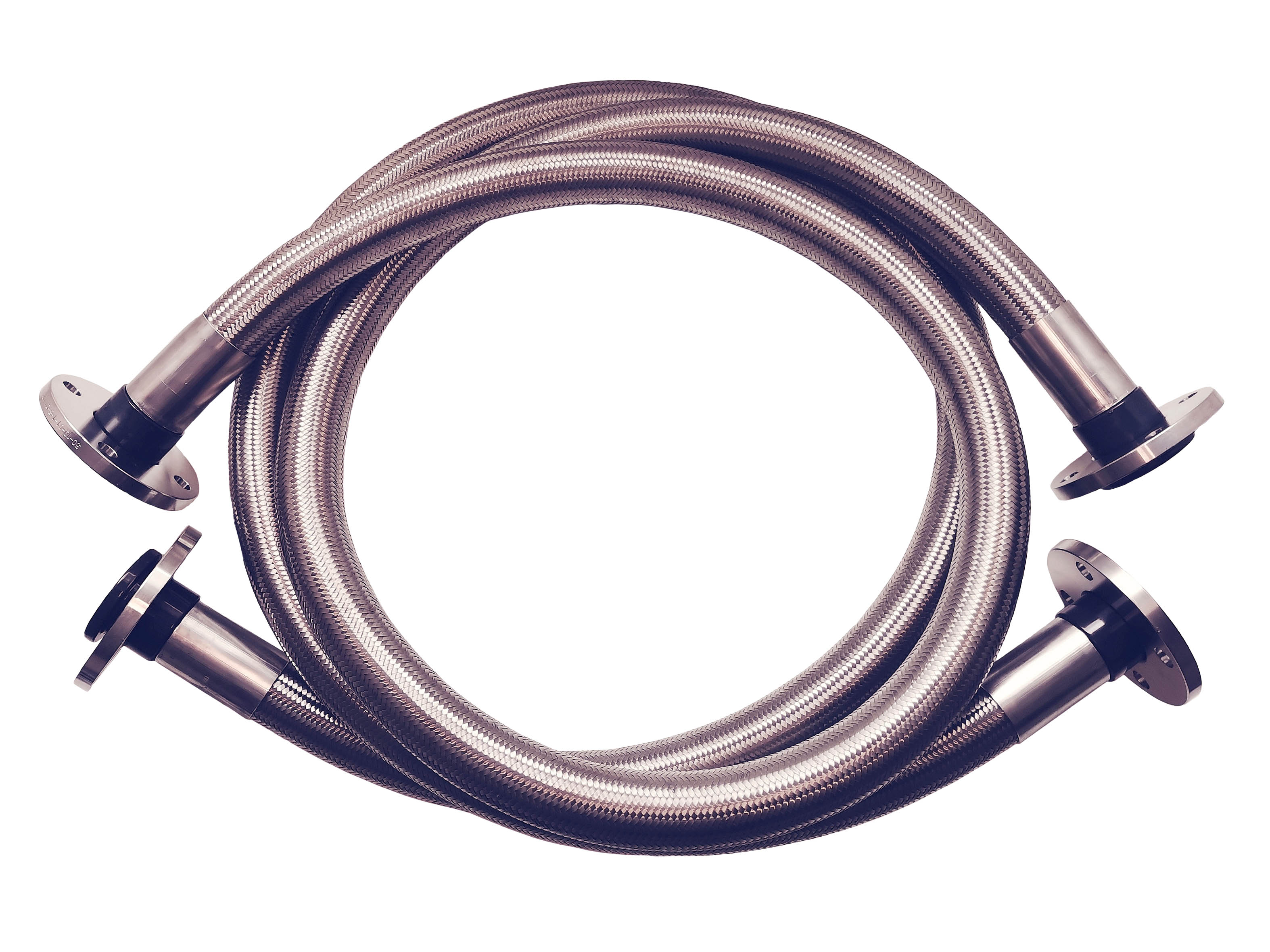 Coiled stainless steel braided PTFE hose assemblies with flanged end fittings